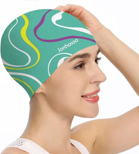 Miniatura 8 de Gorro de natación de silicona para mujer, gorras de natación impermeables de pelo largo con rayas de color impresas Gris