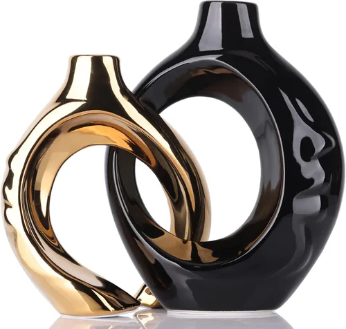 Juego de 2 jarrones de cerámica negro y dorado para decoración moderna del hogar, jarrón redondo bohemio para hierba pampas, estatua minimalista