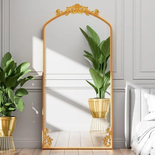 Miniatura 10 de Espejo de longitud completa arqueado negro de 71 x 32 pulgadas, espejo grande de inspiración barroca para piso o pared, espejo colgante envejecido