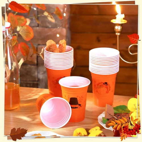 Miniatura 5 de Sliner 60 vasos de plástico de 16 onzas para Acción de Gracias, suministros para fiesta de Acción de Gracias, vasos desechables de color naranja