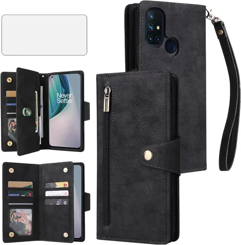 Asuwish Funda de teléfono para OnePlus Nord N10 5G Funda tipo cartera y protector de pantalla de vidrio templado de cuero con tapa para tarjeta de