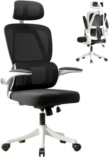 Silla de oficina ergonómica, silla de escritorio de malla blanca y negra con soporte lumbar ajustable y reposacabezas, ruedas giratorias de 360°,