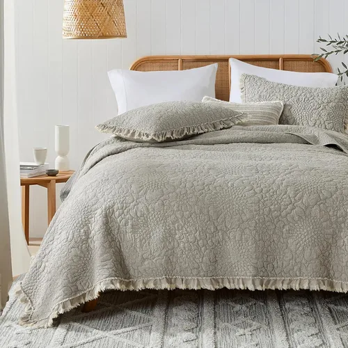 HORIMOTE HOME Edredón beige con volantes, tamaño individual, microfibra lavada a la piedra, ligera, arrugada, rústica, desgastada, elegante, 2