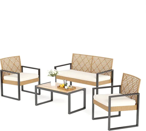 Miniatura 11 de MFSTUDIO Juego de 4 muebles de patio al aire libre, sofá pequeño de ratán marrón con mesa y sillas de madera de acacia, juego de muebles de sofá