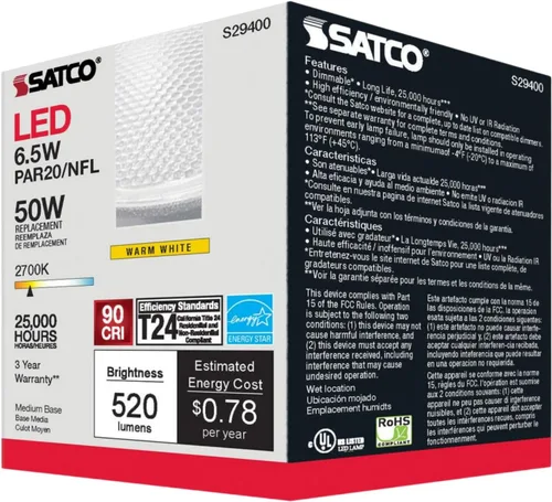 Miniatura 5 de Satco Bombilla LED de estado sólido S9400, plata, 7 vatios, voltaje 120, 525 lúmenes iniciales, forma de lámpara PAR20, base media, base ANSI E26