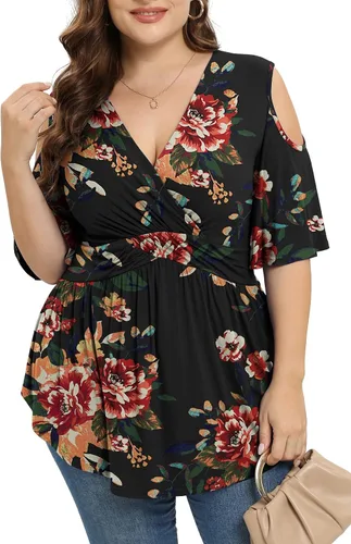 Miniatura 2 de TIANZHU Camisetas de talla grande para mujer, sexy, con cintura imperio, camisas de manga corta con detalle de hombros descubiertos