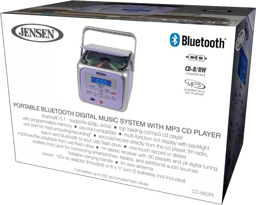 Miniatura 5 de Jensen CD-660 Reproductor de CD estéreo portátil Boombox con Bluetooth Radio FM USB Entrada auxiliar y conector de auriculares Reproducción