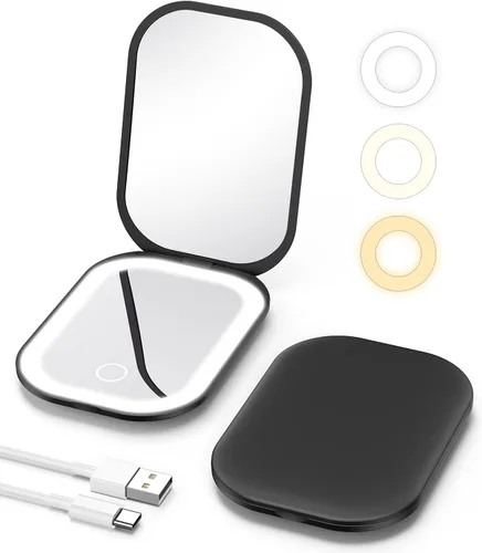 Gospire Espejo compacto iluminado con luz y aumento 1X/3X, atenuación continua y luces ajustables de tres colores, batería recargable y espejo Negro