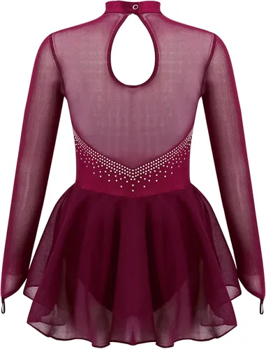 Miniatura 2 de Vestido de patinaje sobre hielo artístico para niñas y niñas, manga larga, con diamantes de imitación brillantes, malla empalme, leotardo