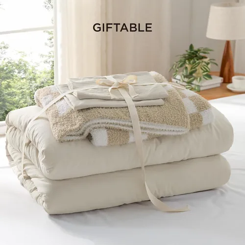 Miniatura 6 de Bedsure Juego de edredón individual con manta a cuadros para sofá, 3 piezas, 1 edredón beige tamaño individual, 1 funda de almohada, 1 manta a