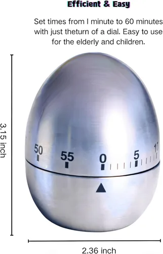 Huevo temporizador de cocina de acero inoxidable – Temporizador de cuenta regresiva preciso para cocinar, forma de huevo plateado metálico, con