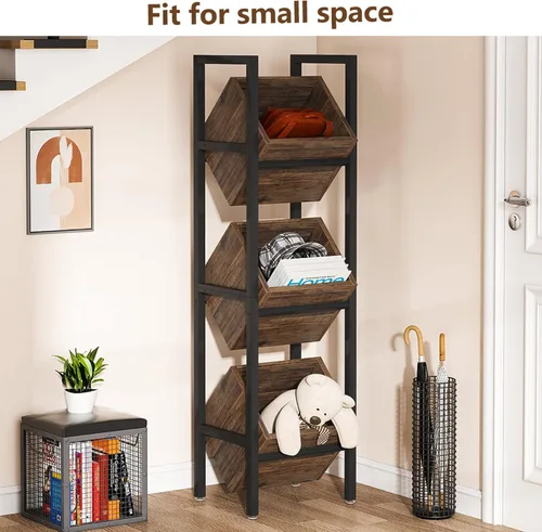 Miniatura 4 de LITTLE TREE Soporte de Cesta de 3 Niveles, Unidad de Estantería de Pie de Madera, Organizador de Almacenamiento Rústico de Pie para Cocina, Baño