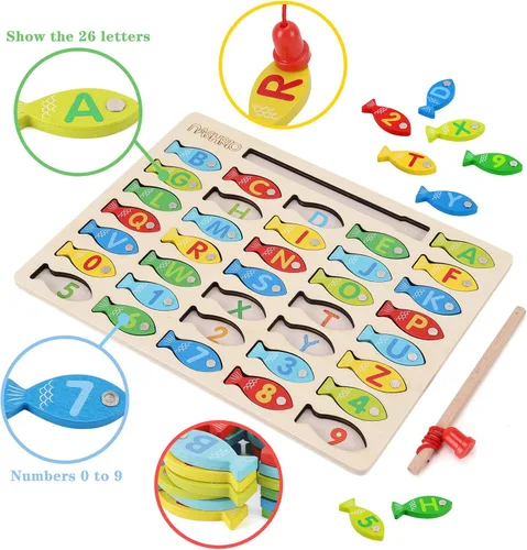 Miniatura 2 de Juguete Magnético de Pesca de Madera para Niños Pequeños, Juegos de Pesca y Conteo de Peces del Alfabeto, Rompecabezas con Números y Letras