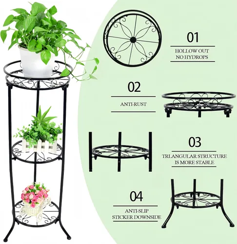 Miniatura 4 de FAMZ Soporte para plantas para interiores y exteriores, 3 niveles de alto, soportes de metal negro para plantas, estante redondo de 35 pulgadas