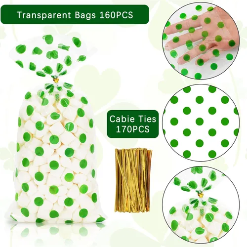 Miniatura 3 de Whaline 160 bolsas de celofán verde, bolsas de regalo para el día de San Patricio, bolsas de regalo transparentes verdes y blancas con rayas Rosado