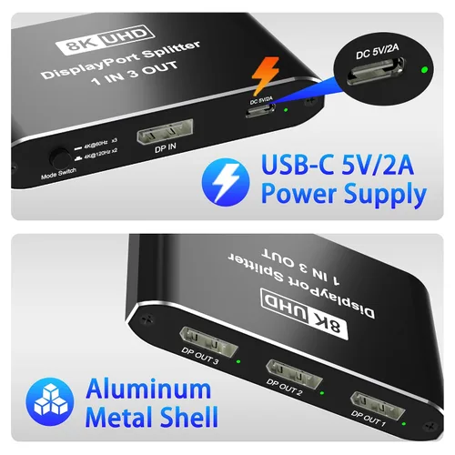 Miniatura 5 de Displayport Splitter 1 en 3 salidas, 8K @60Hz, 4K @120Hz, Resolución DP 1.4 DisplayPort Switcher Box, soporte DSC, conmutador de puerto de pantalla