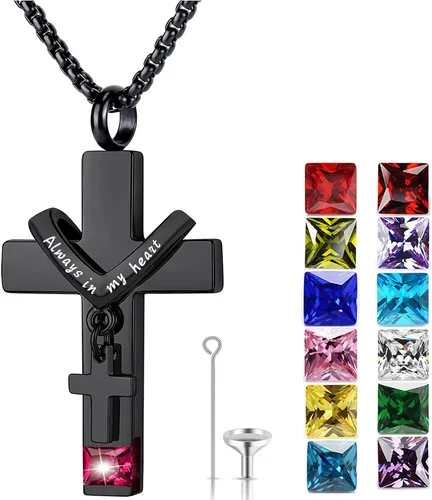 YOUFENG Collares de urna de piedras de nacimiento para cenizas, cruz cremación, urna para cenizas humanas, recuerdo conmemorativo, medallón de