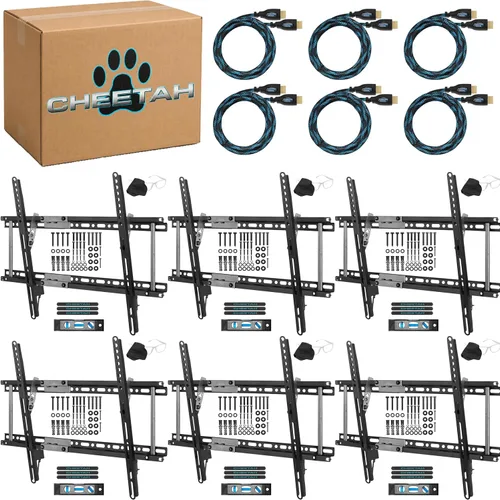 Cheetah Soporte de TV inclinable (paquete de 6) para televisores de 32 a 86 pulgadas de hasta 165 libras, con (6) cables HDMI de 10 pies, VESA