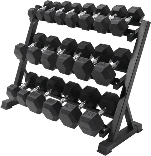 Miniatura 16 de RITFIT Juego de mancuernas hexagonales de goma con estante, núcleo de hierro fundido resistente de 180 a 780 libras, mango cromado moleteado