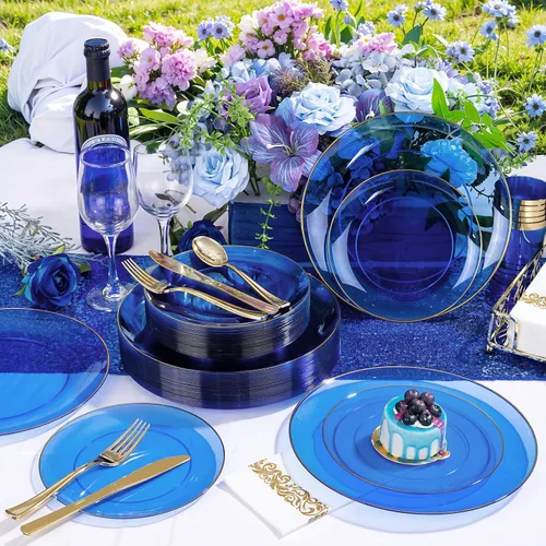 Miniatura 6 de YOUBET 175 PIEZAS Platos de Plástico Azul Transparente - Platos Desechables Azules y Dorados Incluyen 50 Platos, 75 Cubiertos, 25 Vasos, 25