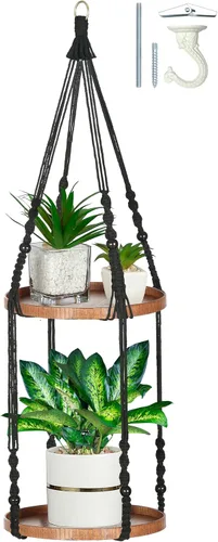 Miniatura 11 de Colgador de macramé de 2 niveles Colgador de plantas para interiores, maceta colgante Estante para macetas colgantes (beige)
