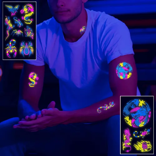 Miniatura 2 de Tatuajes temporales de neón que brillan en los rayos UV, calcomanías de tatuajes de neón 61 estilos de brillantina, dragón, escorpión, araña