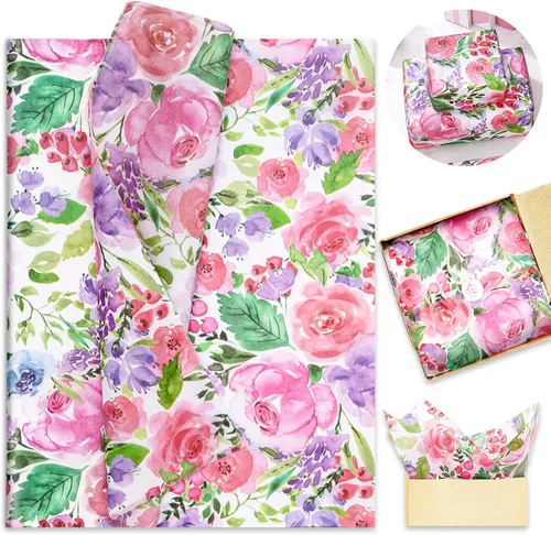 Whaline 100 piezas de papel de seda floral acuarela flor regalo papel de embalaje de flores papel de embalaje de flores DIY papel de manualidades