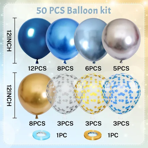 Miniatura 3 de Globos de color azul dorado y plateado, 50 unidades de 12 pulgadas, color azul marino metálico, azul marino, azul claro, plateado y dorado