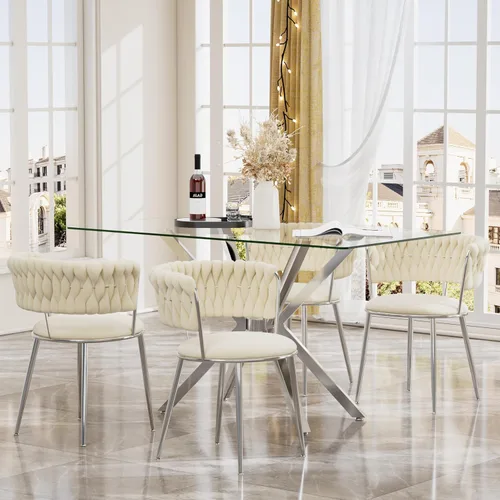 Miniatura 15 de Juego de mesa de comedor de cristal negro de 47 pulgadas para 4, juego de mesa de cocina minimalista moderno y 4 sillas de comedor de terciopelo