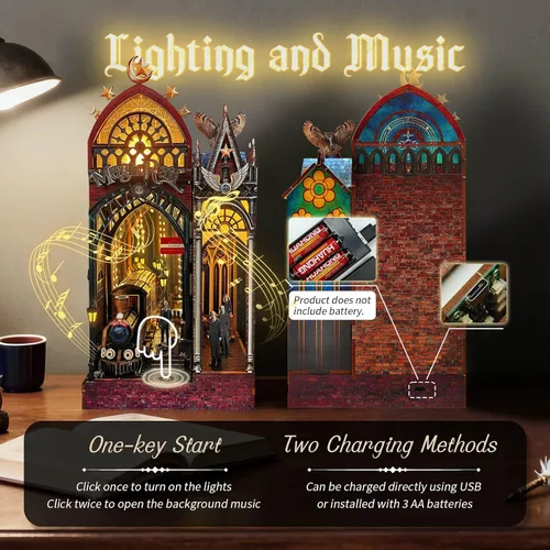 Miniatura 4 de Kit de rincón de libro de estación de tren mágico, rompecabezas de madera 3D para adultos con luz LED y sonido, decoración de estantería