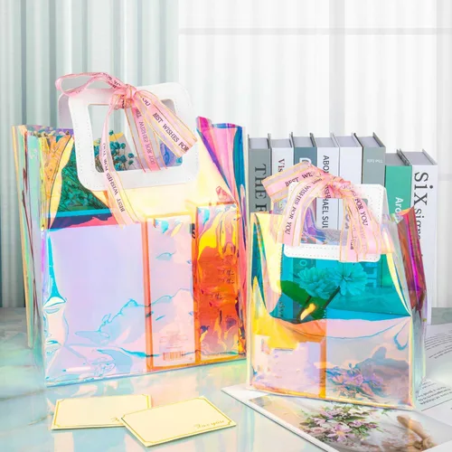 Miniatura 5 de Bolsas de regalo pequeñas holográficas, paquete de 2 unidades de 7.9 x 7.1 x 3.9 pulgadas con asas para mujeres, niñas, cumpleaños, Navidad, fiestas