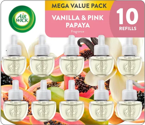 Air Wick Plug-In - Recambios de aceite perfumado, 10 unidades, vainilla y papaya rosa, ambientador, aceites esenciales, ecológicos