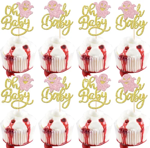 Miniatura 8 de Rsstarxi Paquete de 24 adornos para cupcakes Little Boo con purpurina, bruja, gato, calabaza, castillo, fantasma, magdalenas, alimentos, decoración