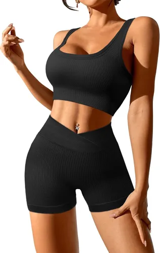Miniatura 2 de JZC Conjuntos de entrenamiento para mujer, 2 piezas, acanalados, sin costuras, pantalones cortos de cintura alta, trajes de yoga