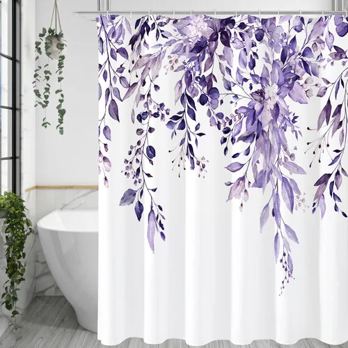 Gibelle - Cortina de ducha de eucalipto morado, hojas de plantas de acuarela con diseño floral, juego de cortina de ducha con ganchos, 72 x 72