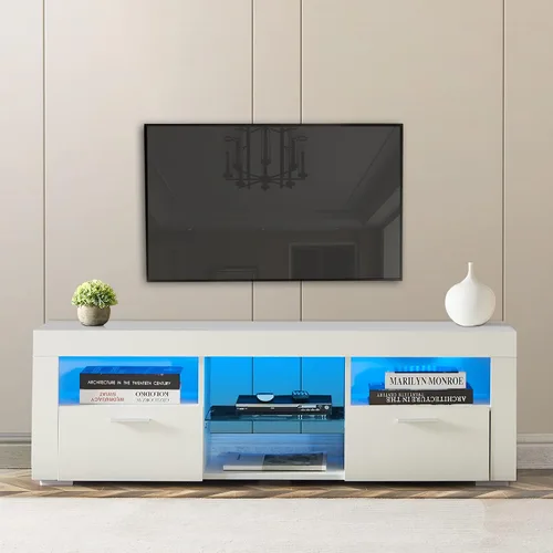 Soporte de TV LED para consolas multimedia, estante de exhibición con estante abierto y cajones, soporte de TV moderno para televisores de