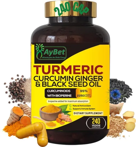 World 1st.Aceite de cúrcuma Curcumina de jengibre y semillas negras, 240 cápsulas, 2250 mg, 95% curcuminoides, BioPerin añadido, extra fuerza,