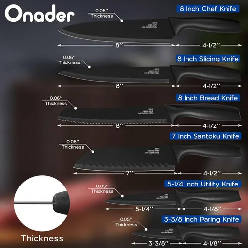 Miniatura 2 de Onader Juego de cuchillos de cocina negros, cuchillos pequeños afilados de acero inoxidable con tapas para cocina, 12 piezas