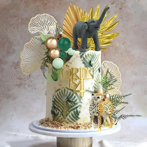 Miniatura 6 de 26 piezas de decoración de pasteles de animales de la selva, figuras de animales de safari, palmeras doradas, selva salvaje, animales salvajes