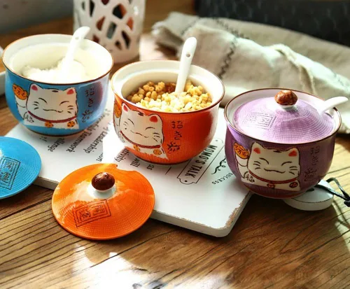 Miniatura 4 de Cerámica japonesa Maneki Neko Lucky Cat Azúcar Sal Pimienta Tarro de almacenamiento con tapa y cuchara Púrpura