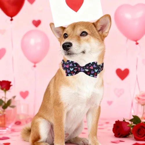 Miniatura 5 de Collar de perro negro de San Valentín con corbatín, lindo collar de mascota duradero con patrón de corazón rojo, collar ajustable para cachorros