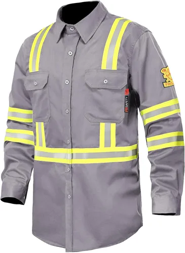 Miniatura 8 de Camisas FR para hombre, 7 onzas, de alta visibilidad, resistentes al fuego, CAT2, camisa de soldadura CAT2, 100% algodón, de alta visibilidad