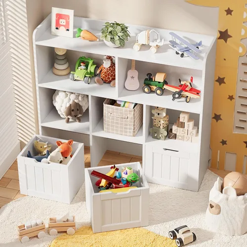 Miniatura 7 de Gizoon Organizador de almacenamiento de juguetes con 3 cajones móviles y 6 estantes abiertos, estantería para niños con barrera de prevención