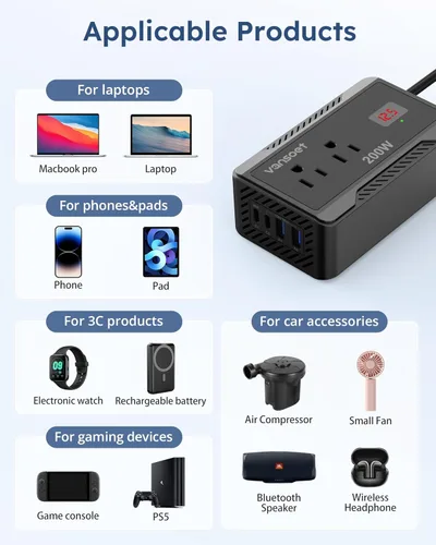 Miniatura 7 de Inversor de corriente de 200W para automóvil, DC 12V a 110V AC, convertidor con [PD 30W y 15W] USB C de carga rápida/3.0A, puertos de carga USB