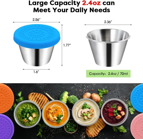 Miniatura 2 de Winceed Paquete de 6 recipientes de aderezo de ensalada de 2.4 onzas, pequeños recipientes de condimentos de acero inoxidable con tapas de silicona