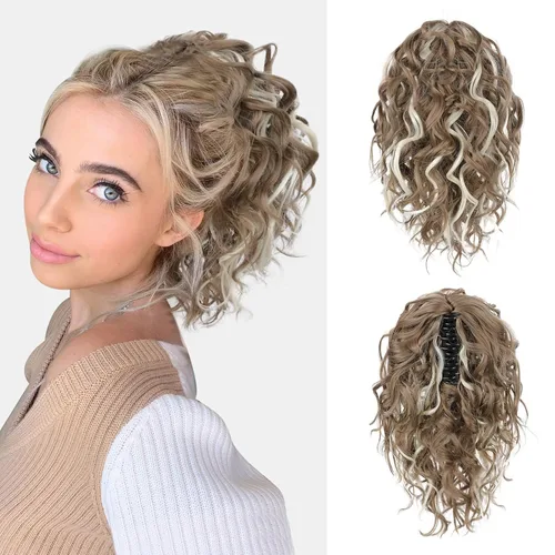 Miniatura 14 de Flufymooz Extensión de cola de caballo, extensión de cola de caballo corta de 12 pulgadas con pinza de garra, cabello ondulado rizado, clip