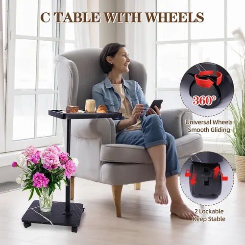 Miniatura 7 de Mesa auxiliar de mesa C de altura ajustable, extremo en forma de C para sofá, mesas de aperitivos, bandeja de TV giratoria de 360°, para espacios