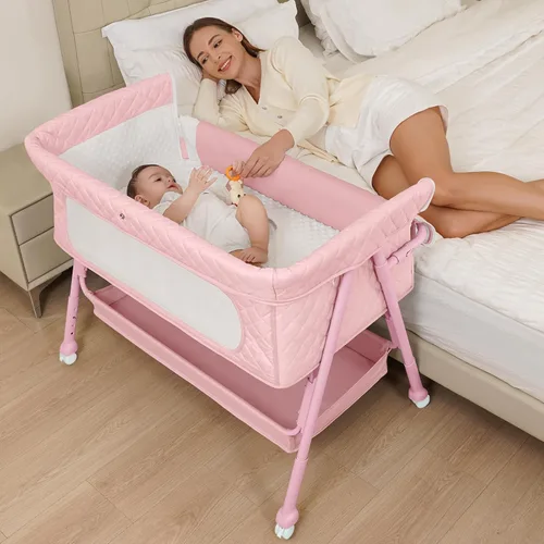 Miniatura 9 de Cuna para bebé recién nacido, moisés junto a la cama con malla transpirable y colchón, cuna fácil de mover para recién nacidos con ruedas que se