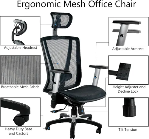Miniatura 7 de Silla de oficina ergonómica ajustable negra de 53 pulgadas de alto, silla ergonómica de oficina en casa, silla ergonómica con reposacabezas, sillas