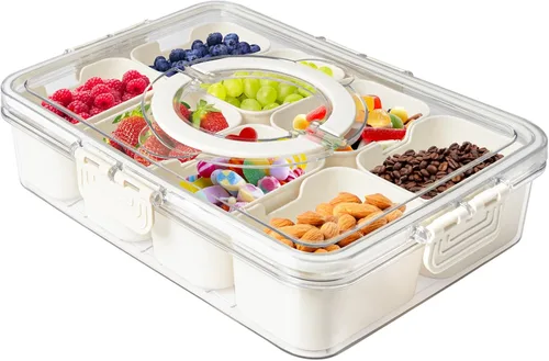 Miniatura 12 de Bandeja Dividida para Servir Alimentos con Tapas Caja Apilable de Snacks para Dulces Nueces Especias Contenedor de Frutas y Verduras con 6 Divisores